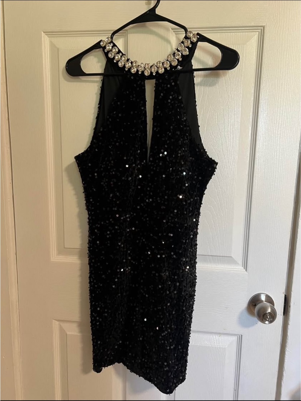 Black Sequin Halter Cocktail Dress with Jewel Neckline